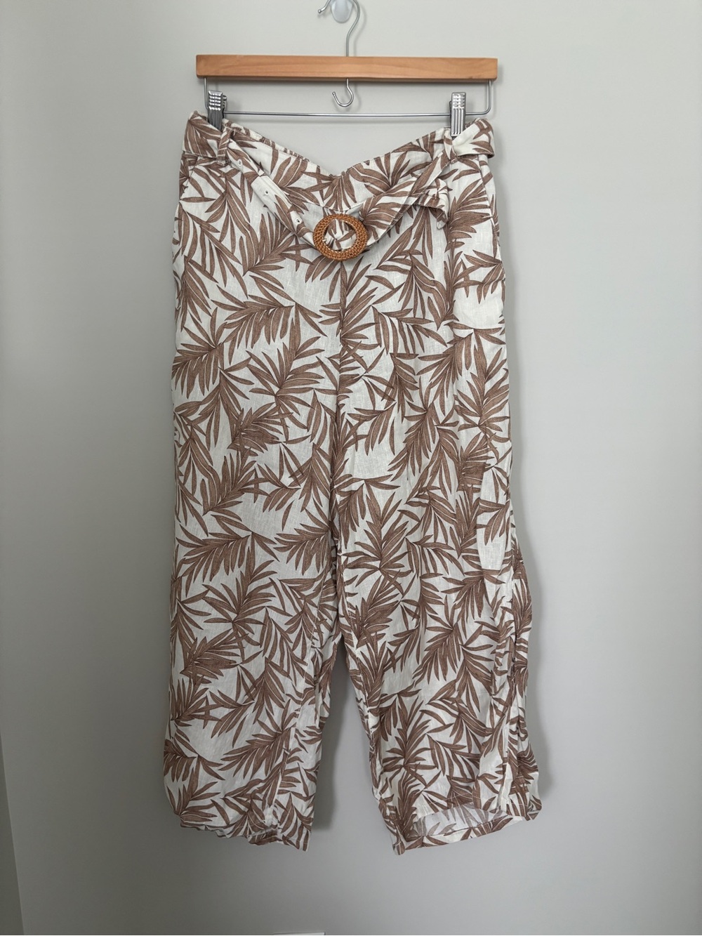 Nicole Miller Linen Tropical Print Wide-Leg Pants - Cream & Brown Size  L -